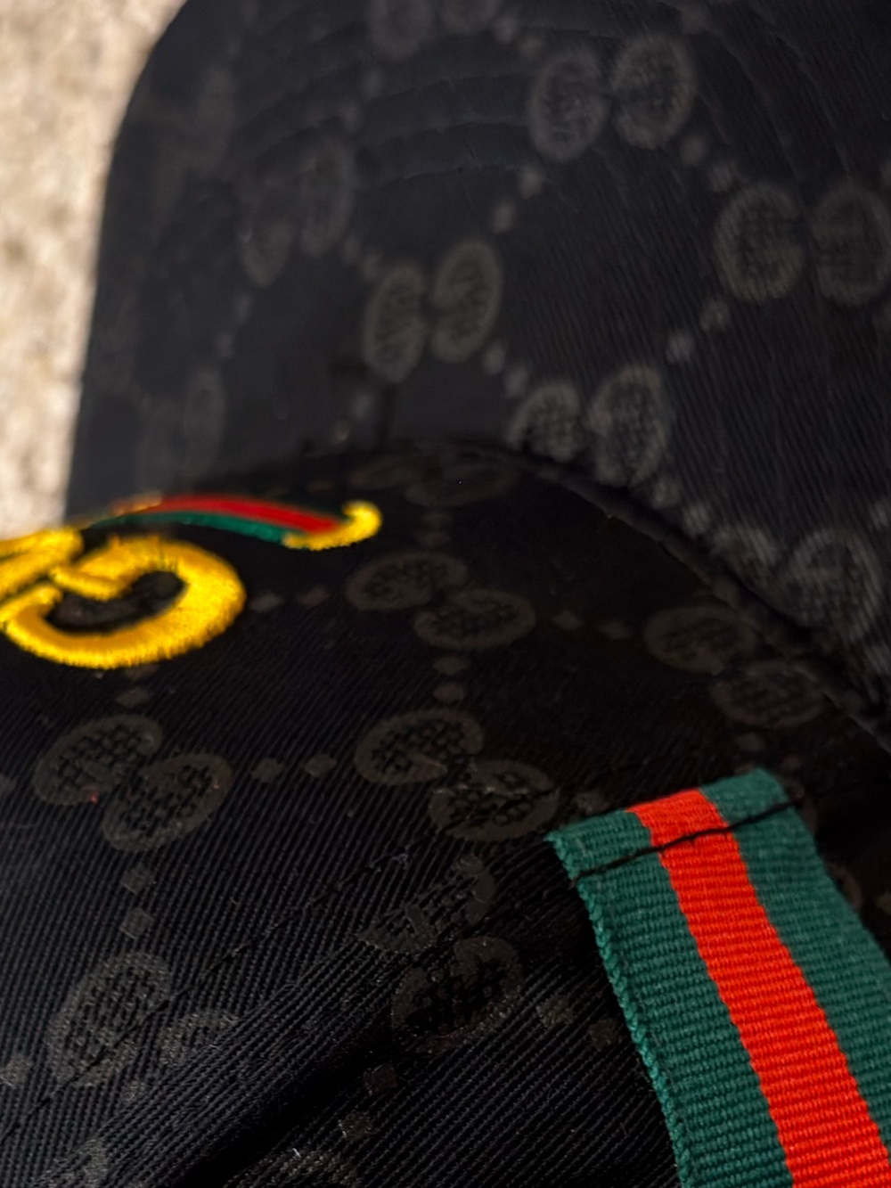 Black Baseball Cap with Yellow Logo and Green-Red Stripe - Picture 4 of 5
